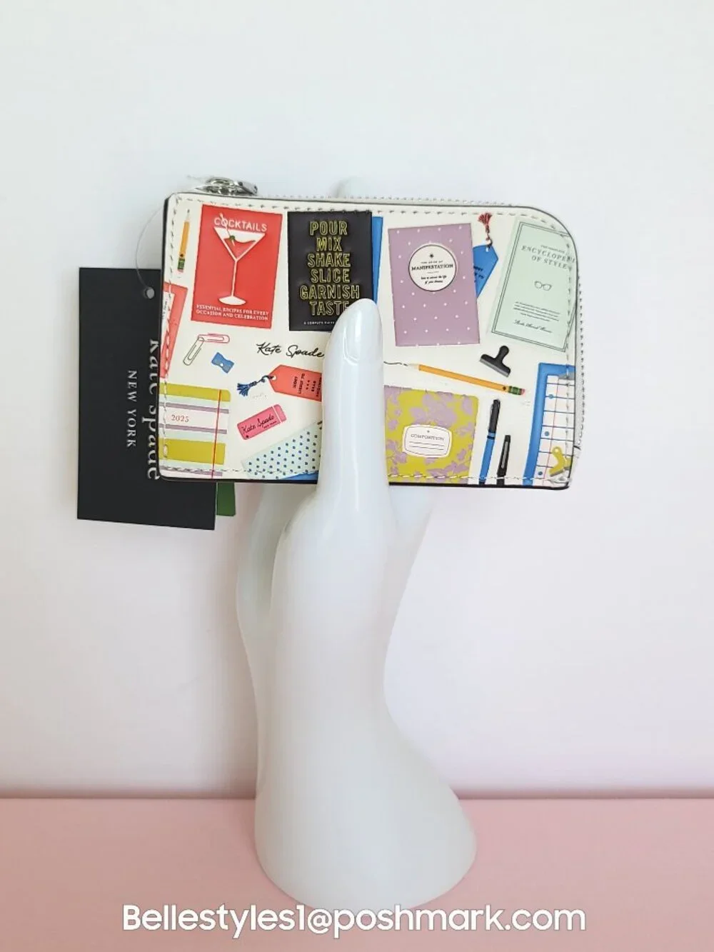 KATE SPADE Mini Zipper ID Card Case in Smooth Leather w Print-Cream multi⭐